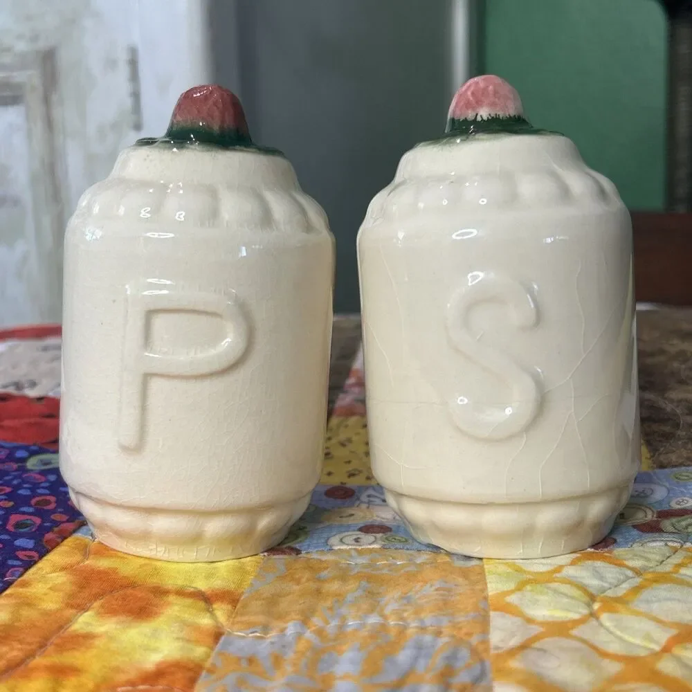 Vtg Brush McCoy Three Leaf Clover Art Deco Salt & Pepper Shaker Set 1940s